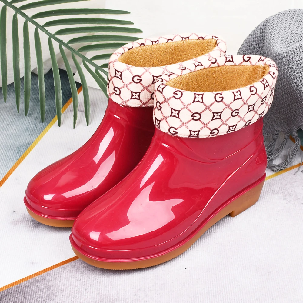 Womens Rain Boots Fashion Antiskid Short Rain Boot Round Head Radian PVC Plastic Rain Boots Red Padded 38