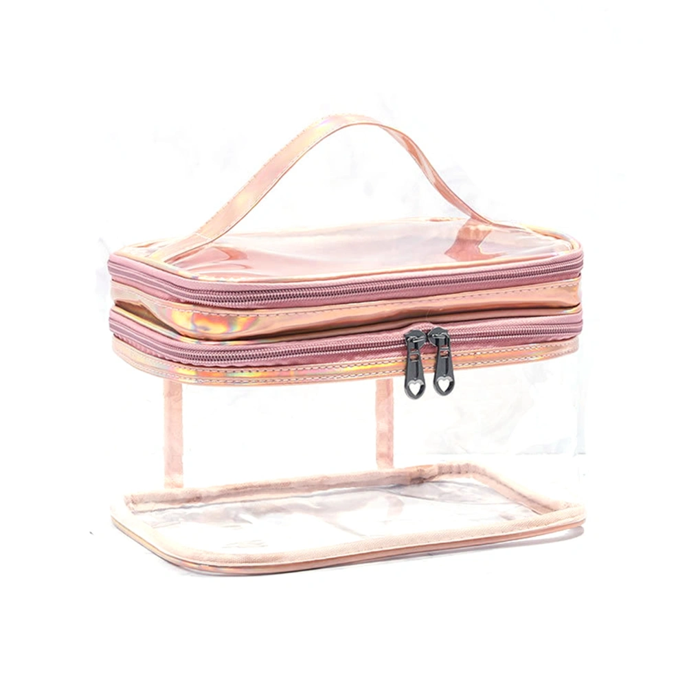 Ladies Cosmetic Bag Transparent Double Layer Waterproof High Capacity Toiletry Storage Bag for Travel Pink