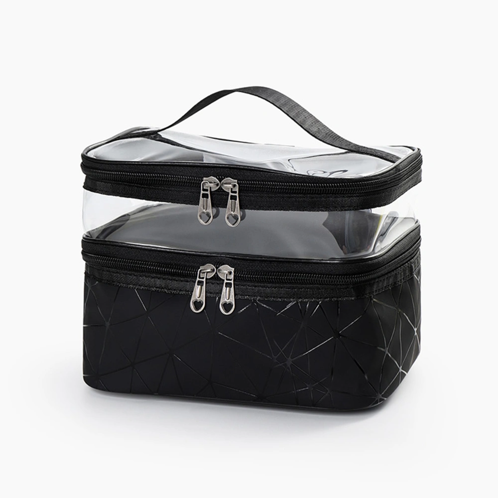 Ladies Cosmetic Bag Transparent Double Layer Waterproof High Capacity Toiletry Storage Bag for Travel Upgrade Rhombus Black