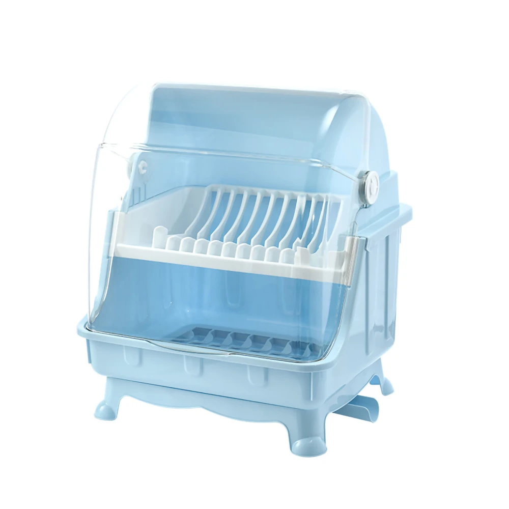 Cutlery Dish Drainer Rack with Lid Cover Multifunctional Kitchen Tableware Storage Box Blue