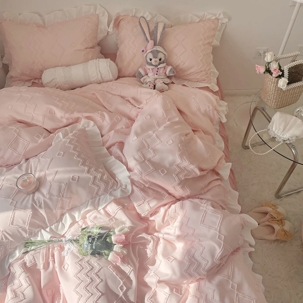 Soft Bedding Set with Lace Decoration Skin Friendly Brushed Fabric Princess Bed Supplies Pink 1.8 Meter Bed Skirt Set