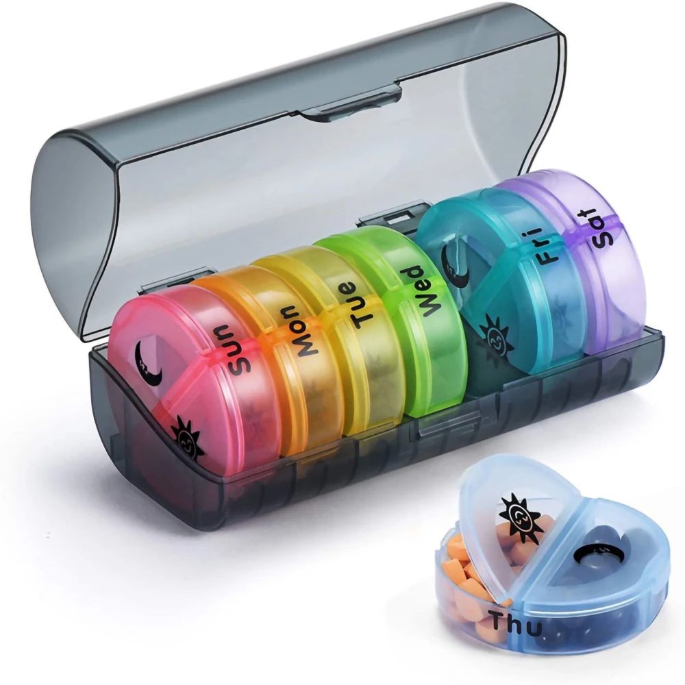 Round Mini Pill Case Moisture Proof 14 Compartment Medicine Box Portable Plastic Pill Case for 1 Week Morning Evening Gray Colorful