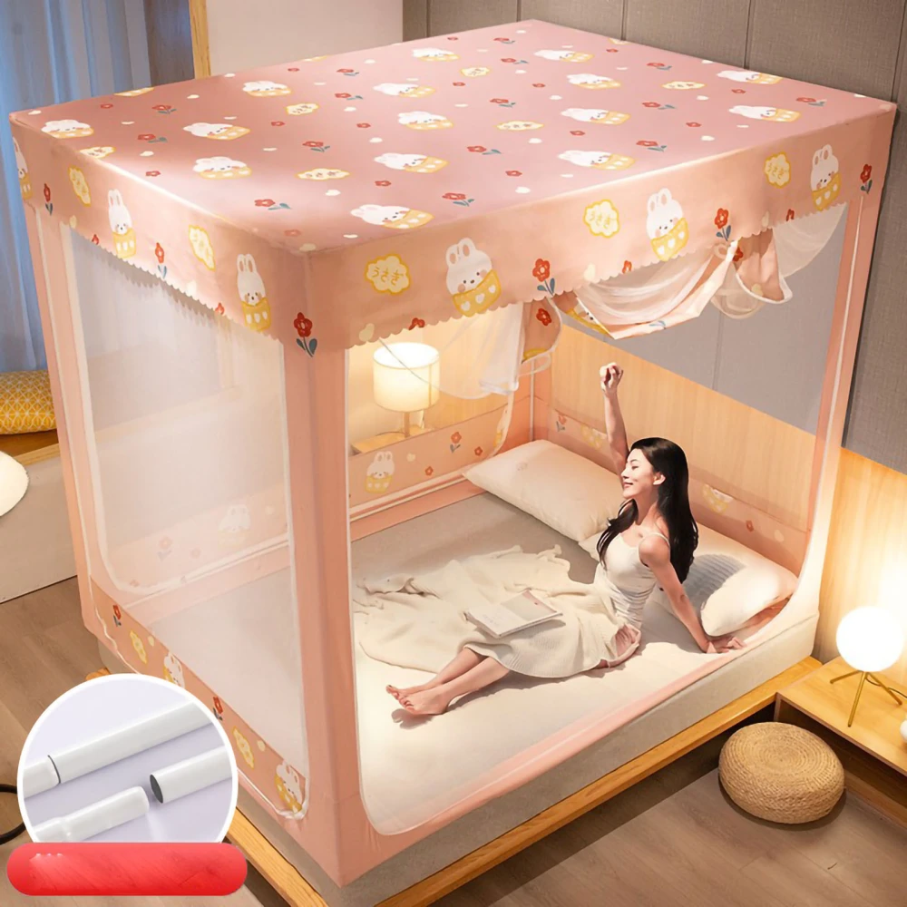 Bed Canopy Curtains Integrated Physical Shading Bed Curtains with Bracket Bed Sitting Mosquito Net Pink Flower Rabbit Cloth Top 1.5m Bed