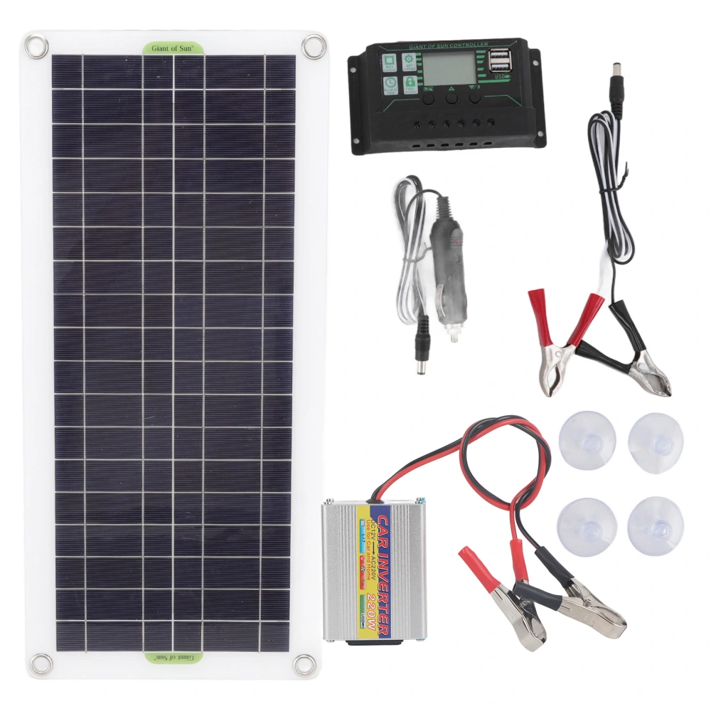 12V to 220V 30W Solar Charging Panel 220W Solar Inverter Battery Charger Kit for Camping Hiking 100A