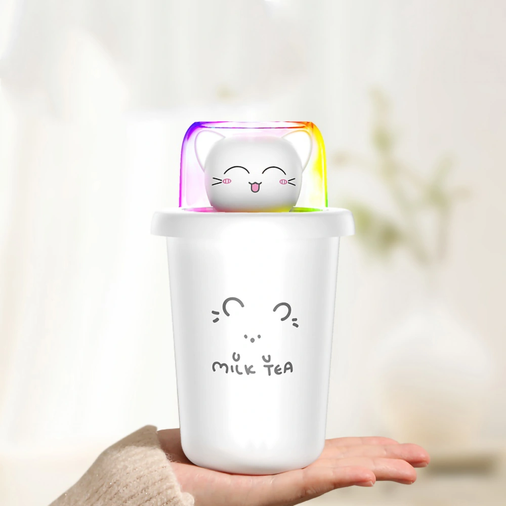 Small Humidifier USB Powered Silent Cute Milk Tea Cup Desk Humidifier with Colorful Light for Car Bedroom Office Cat White