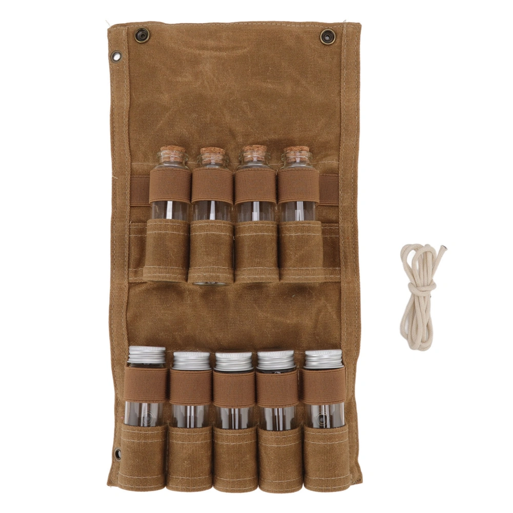 Spice Bottle Bag Wet Wax Canvas Portable Seasoning Storage Bag with 9 Glass Seasoning Bottle for Outdoor Camping Khaki