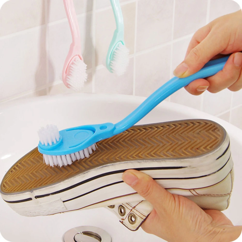 Double Sided Shoe Brush Bow Shape Long Handle Multifunctional Cleaning Brush with Scraping Nails Blue