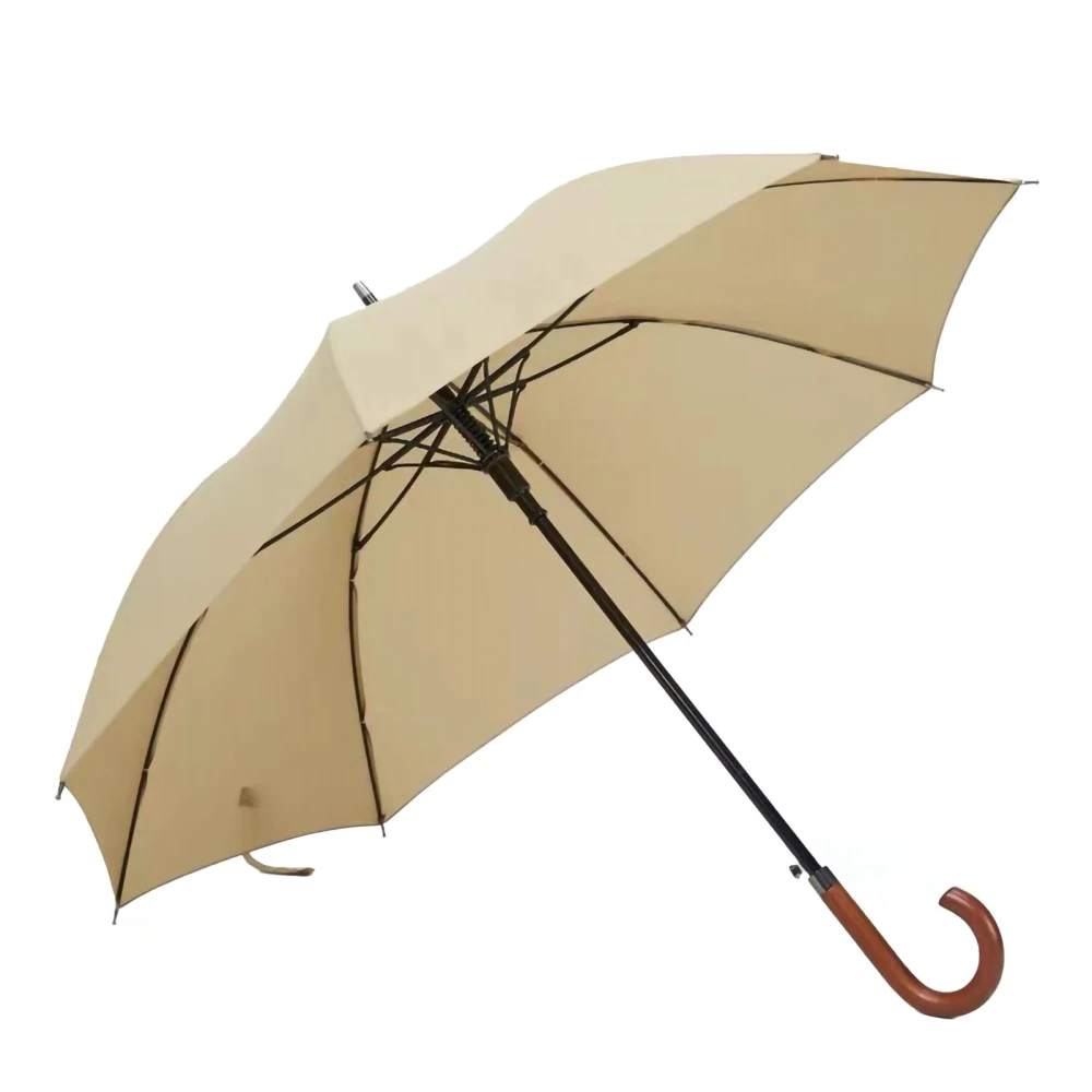 Long Umbrella Long Wooden Handle Windproof Retro Style Water Resistant High Denstity Large Umbrella for Rainy Sunny Khaki