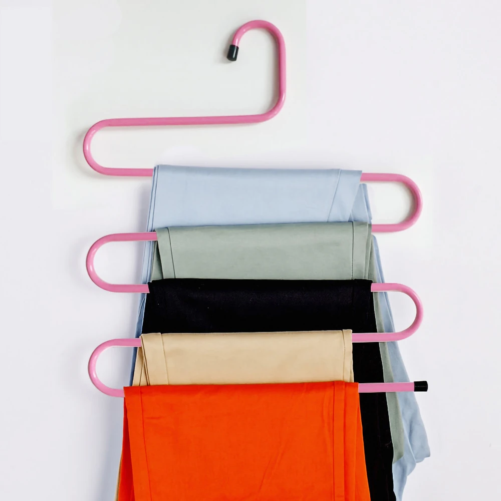 Multifunctional Pants Rack Hanger 5 Tier Antiskid S Shape 20KG Load Bearing Pants Hangers Space Saving for Wardrobe Pink