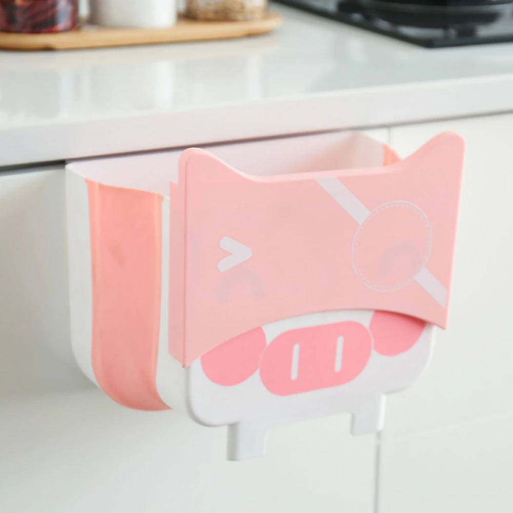 Hanging Trash Can Cartoon Style Wall Mounted Fodable Multifunction Durable Plastic Wall Mounted Trash Can Pink Cartoon Piggy