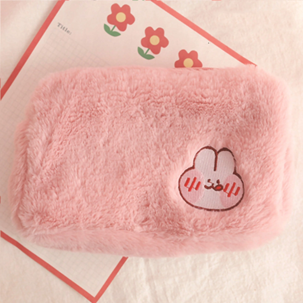 Plush Makeup Bag Cute Fluffy Cosmetic Organization Portable Toiletry Case with Zipper for Travel Pencil Pink Rabbit