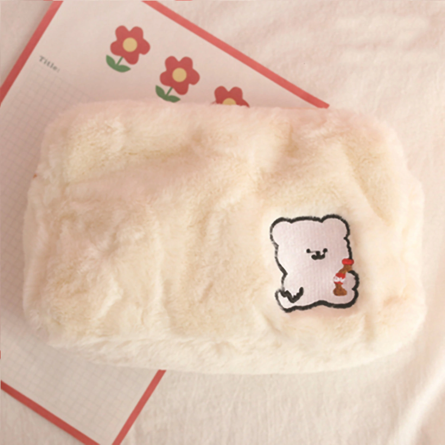 Plush Makeup Bag Cute Fluffy Cosmetic Organization Portable Toiletry Case with Zipper for Travel Pencil White Bear