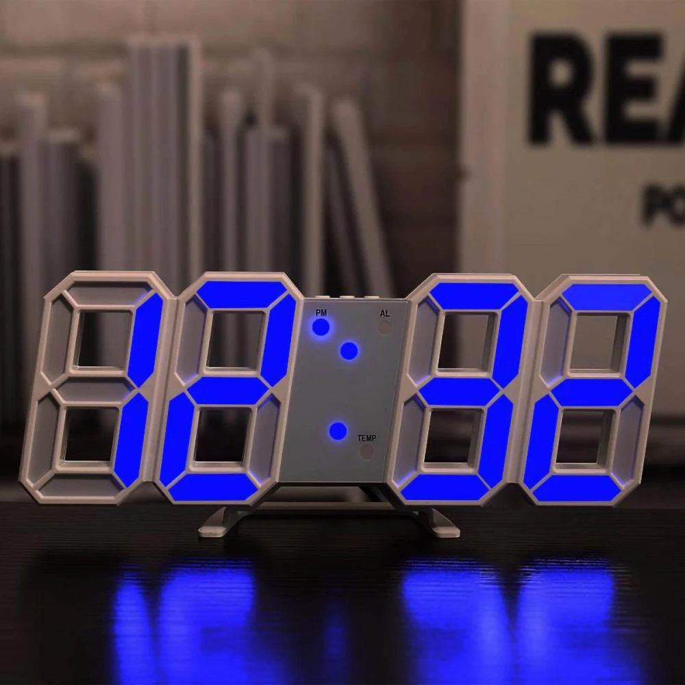 LED Digital Desk Alarm Clock Silent 3D Digital Wall Clock Desktopfor Living Room Bedroom White Frame and Blue Character