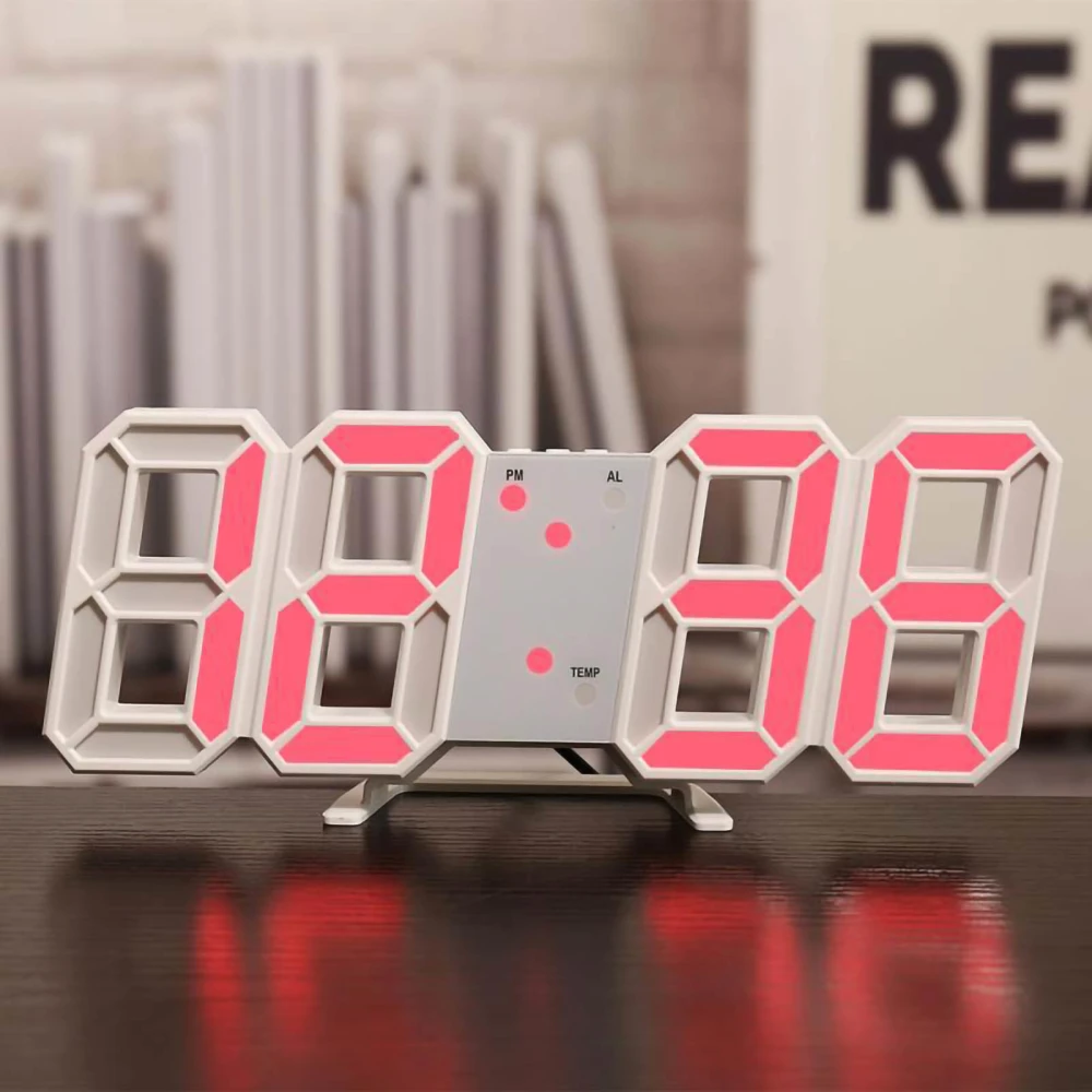 LED Digital Desk Alarm Clock Silent 3D Digital Wall Clock Desktopfor Living Room Bedroom White Frame and Red Character