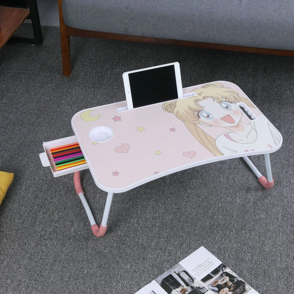 Bed Table Folding Cartoon Sofa Study Desk with Drawer Cup Holder Phone Stand for Laptop Bedroom Dormitory for Sailor Moon