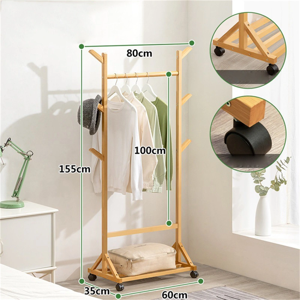 Clothes Rack Durable Bamboo Universal Wheels Strong Load Bearing Garment Rack for Bedroom Hotel Living Room 60cm/23.6in Long