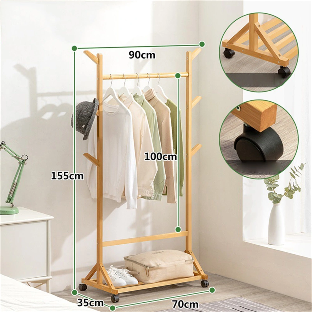 Clothes Rack Durable Bamboo Universal Wheels Strong Load Bearing Garment Rack for Bedroom Hotel Living Room 70cm/27.6in Long