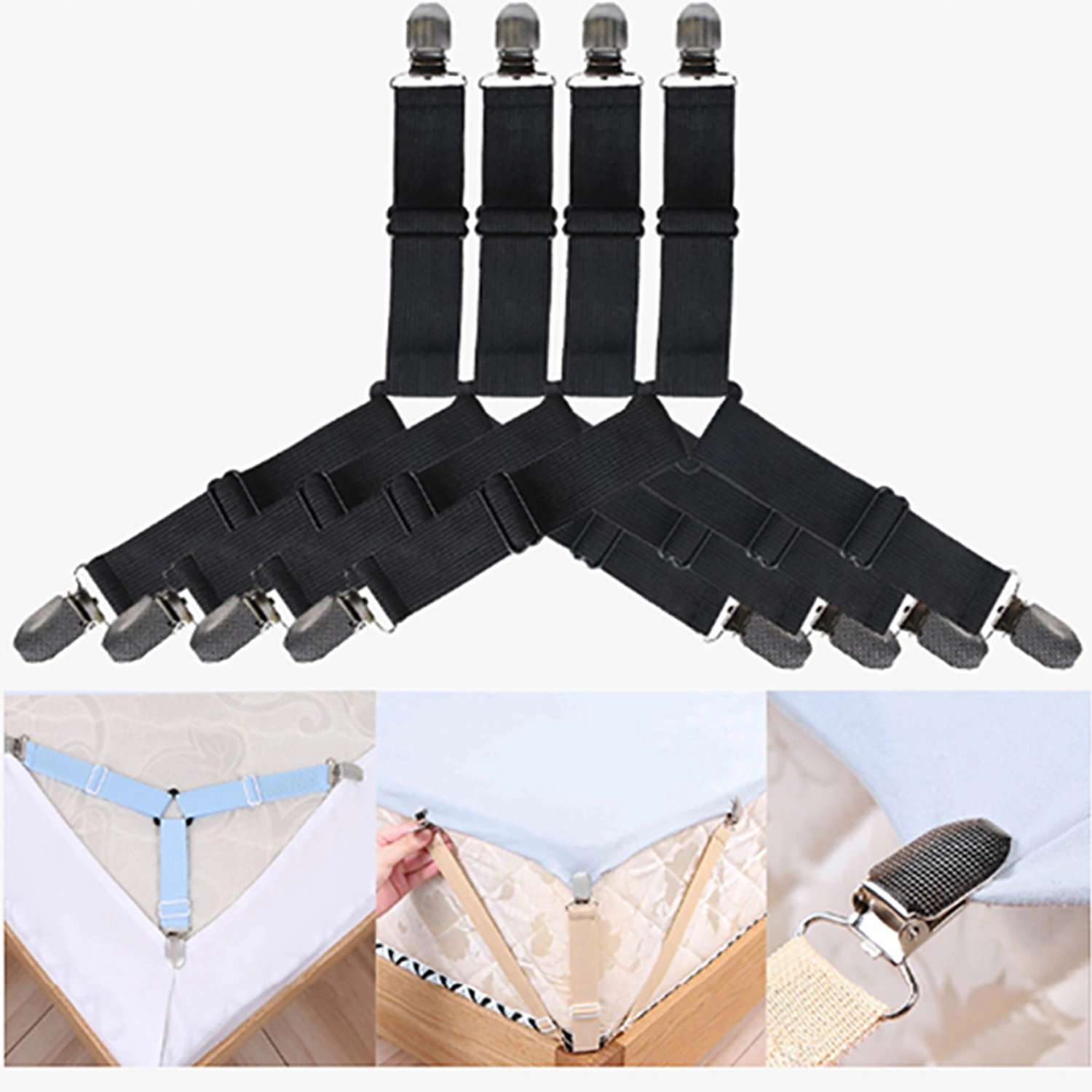 4pcs Elastic Bed Sheet Holder Straps Multipurpose Adjustable Sheet Stays Keepers for Sheets Mattresses Black