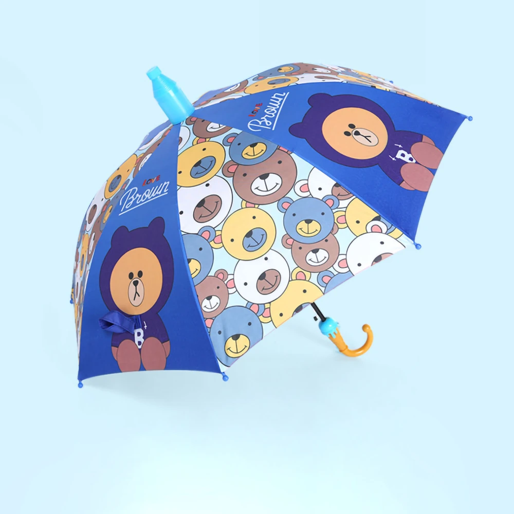 Cartoon Long Handle Umbrella Fully Automatic Cute Patterns Dual Use Cute Children Umbrella for Kids Kindergarten Brown Bear