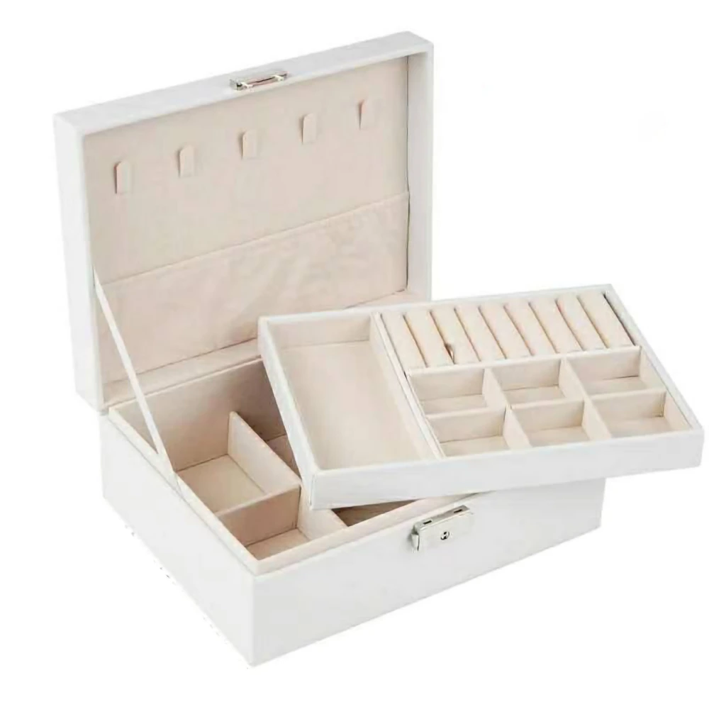 Earring Jewelry Box Wear Resistant Double Layer Large Capacity Jewelry Storage Box with Safety Lock White 23x17x9CM