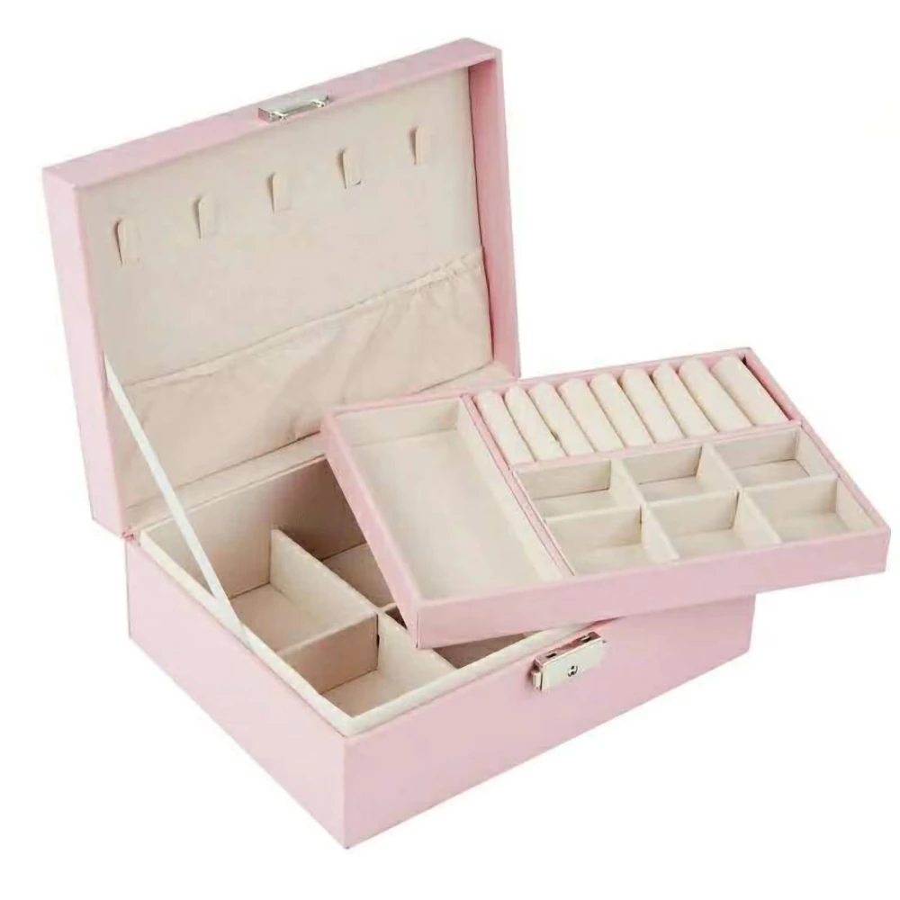 Earring Jewelry Box Wear Resistant Double Layer Large Capacity Jewelry Storage Box with Safety Lock Pink 23x17x9CM