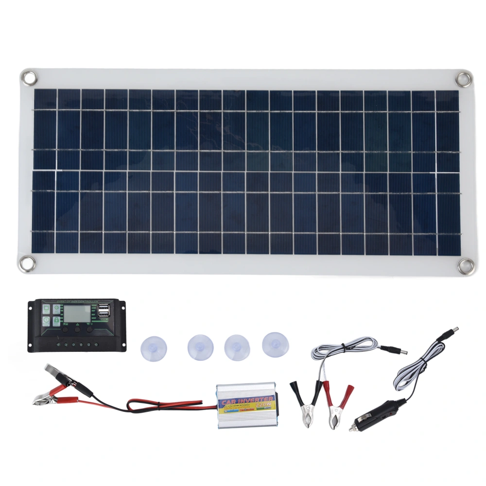 Polycrystalline Solar Panel Starter Kit 30A Charge Controller 220W Inverter for Hiking Camping Boat Caravan