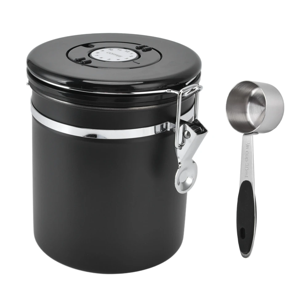 Airtight Coffee Canister Storage Jar Date Tracker CO2 Release Valve Stainless Steel Container Black