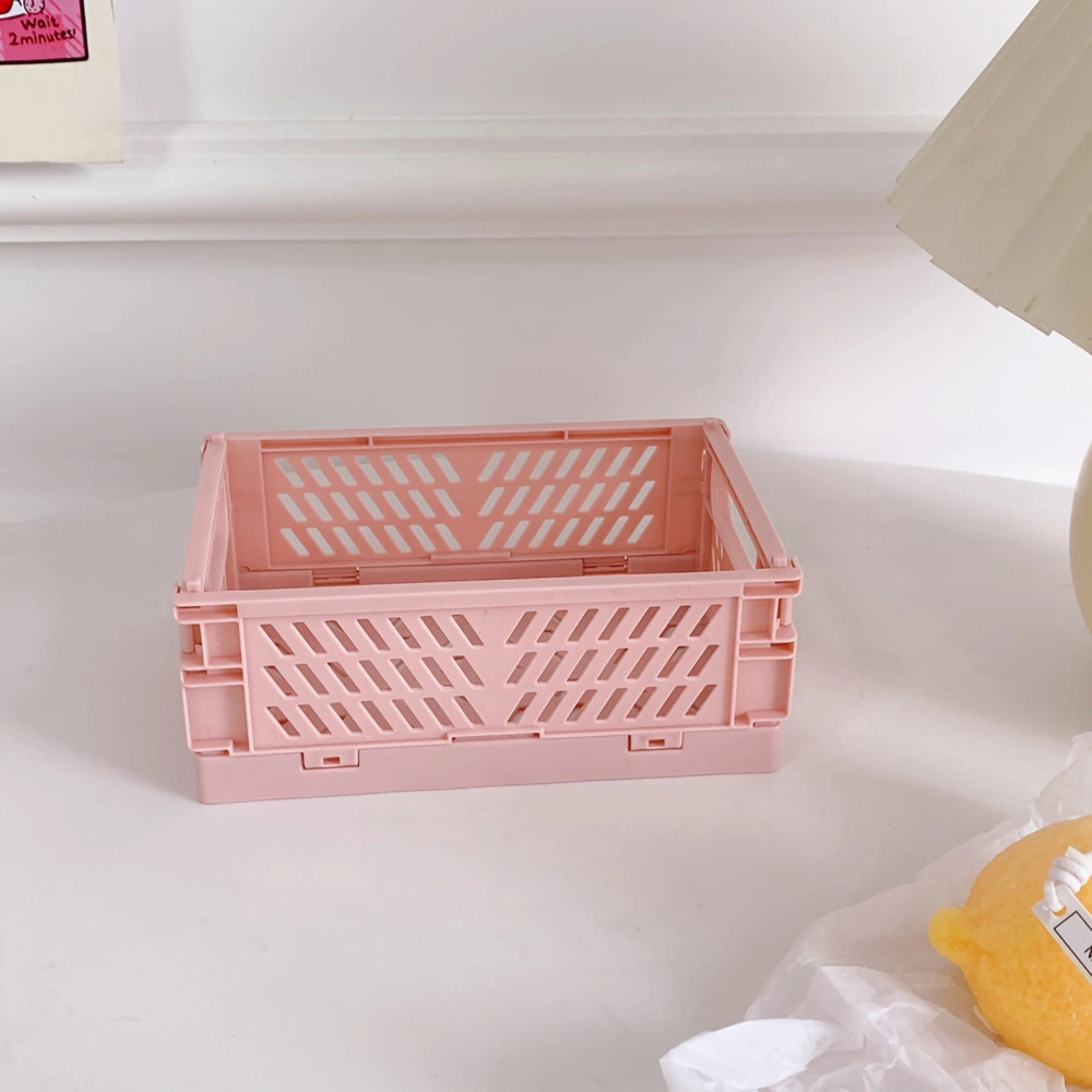 Mini Storage Basket Plastic Foldable Small Organize Basket with Handle for Stationery Snacks Cosmetics Pink