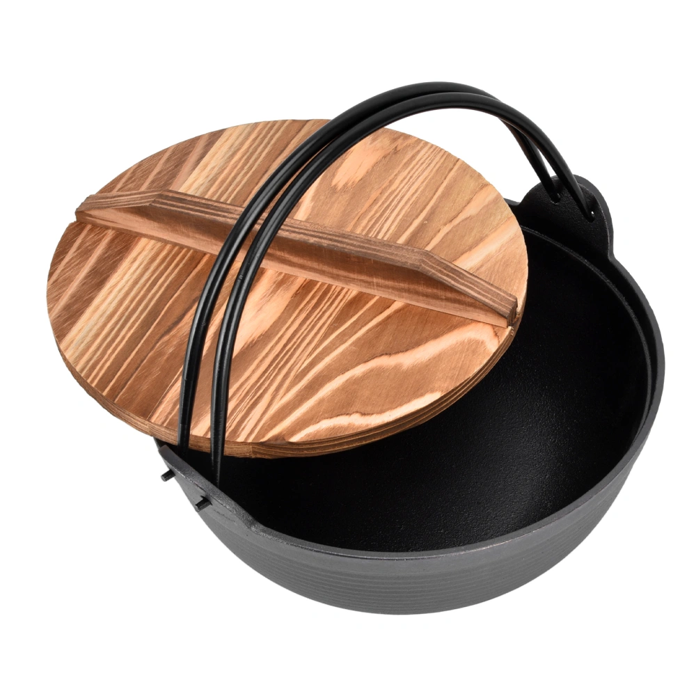 Sukiyaki Pot 9.8in Durable Sturdy Cast Iron Wooden Lid Nonstick Uniform Heating Wide Application Cast Iron Pot