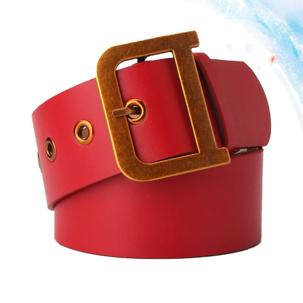 1Pc Ladies Belt Fashion Retro Golden D-shaped Buckle Wide Belt Dress Pants Belt Solid Waistband Girdle (Red)