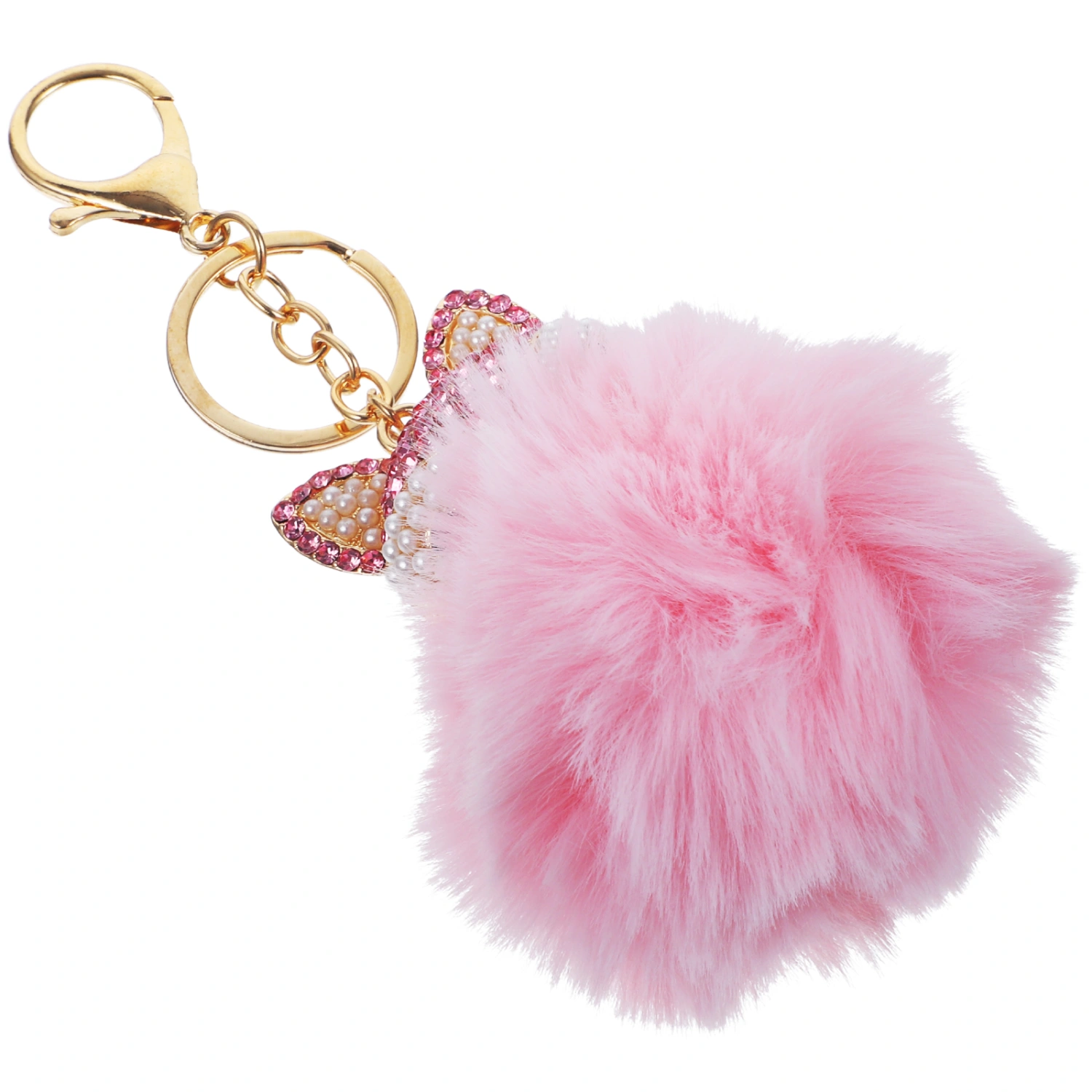 Fluffy Ball Keychain with Pearls Rhinestones Inlay Key Chain for Womens Bag / Cellphone / Car Pendant (Pink)
