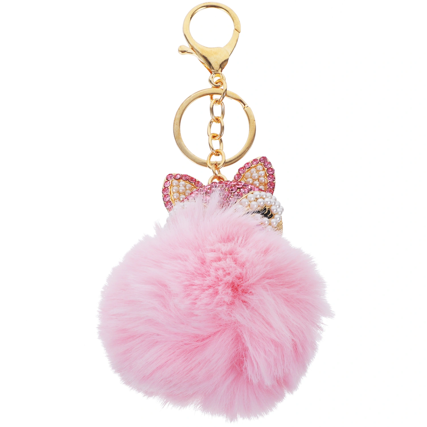 Fluffy Ball Keychain with Pearls Rhinestones Inlay Key Chain for Womens Bag / Cellphone / Car Pendant (Pink)