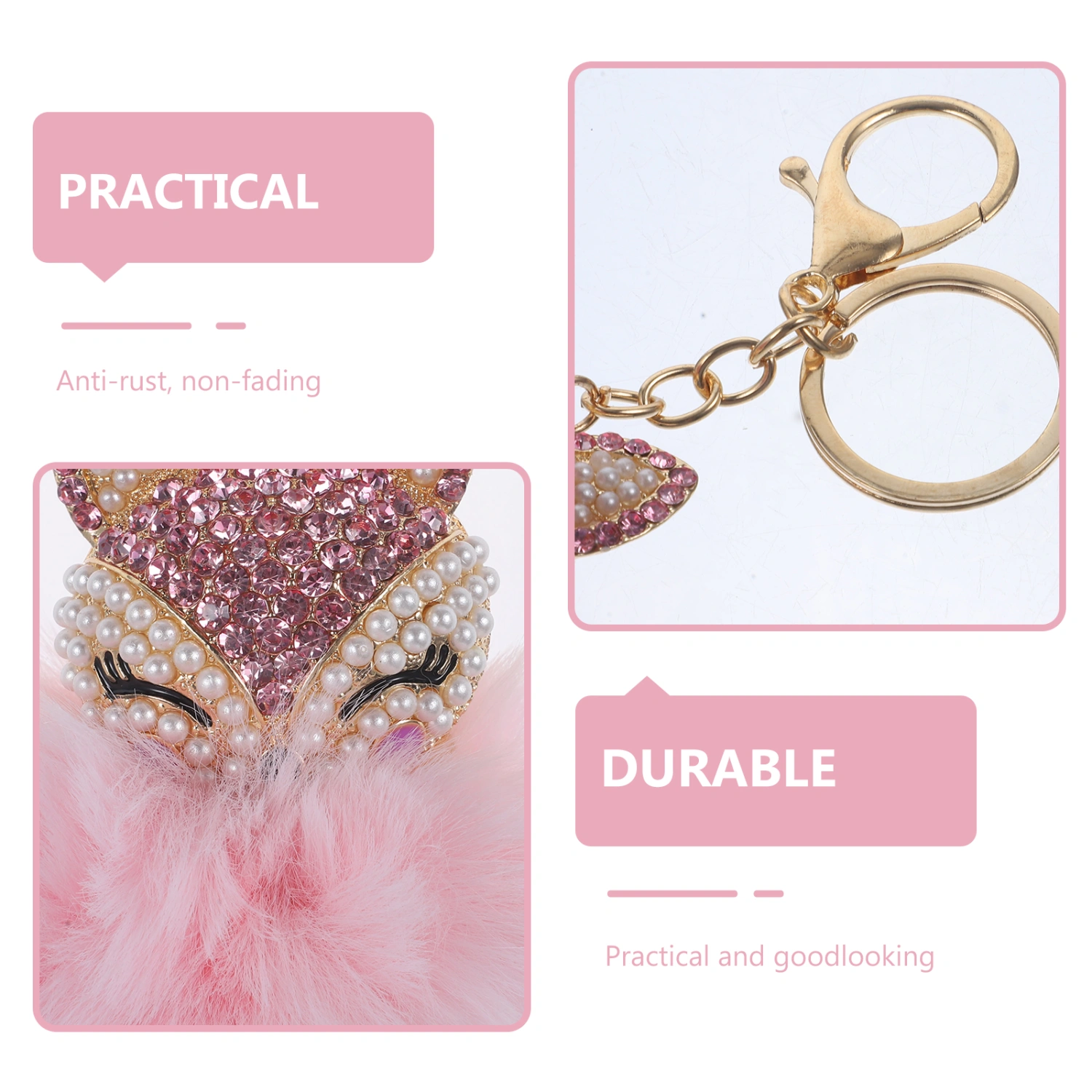 Fluffy Ball Keychain with Pearls Rhinestones Inlay Key Chain for Womens Bag / Cellphone / Car Pendant (Pink)