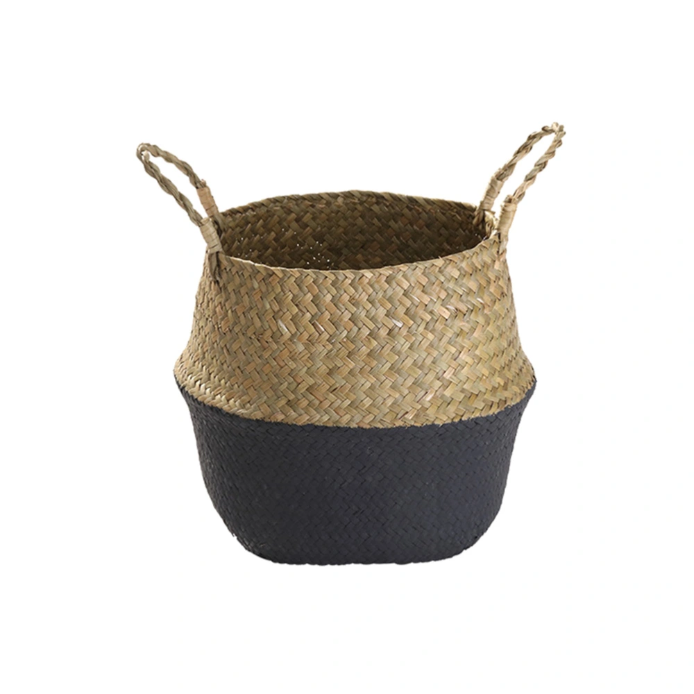 Woven Seagrass Storage Pot Folding Plant Basket Flower Bellied Basket Decor for Home Office Garden (S22*20, Black Bottom)