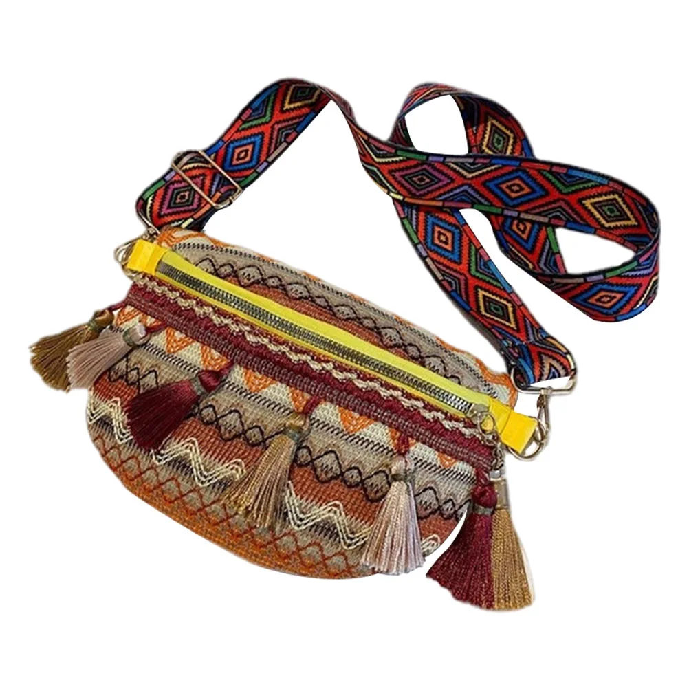 1PC Ethnic Style Lady Chest Bag Fashion Wide Shoulder Strap Retro Tassel Small Bag