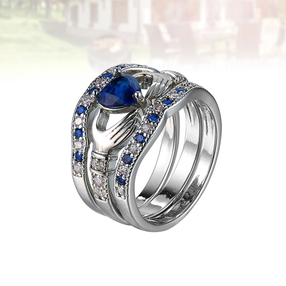 3pcs Hand with Heart Molding Zircon Ring Copper Ring Special  Accessory Elegant Hand Jewelry for Women Ladies (Royal Blue, NO.5, 3pcs A Set)
