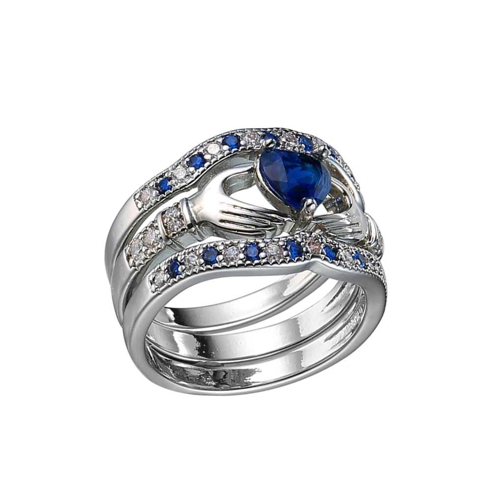 3pcs Hand with Heart Molding Zircon Ring Copper Ring Special  Accessory Elegant Hand Jewelry for Women Ladies (Royal Blue, NO.5, 3pcs A Set)