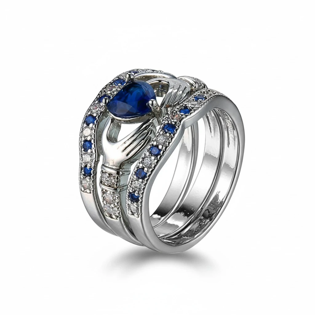 3pcs Hand with Heart Molding Zircon Ring Copper Ring Special  Accessory Elegant Hand Jewelry for Women Ladies (Royal Blue, NO.5, 3pcs A Set)