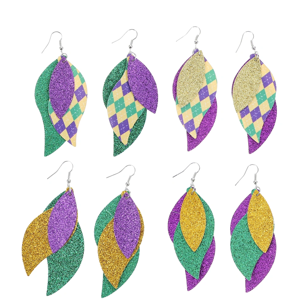 4 Pairs of Woman's Teardrop shape Earrings Leather Carnival Party Drop Earrings