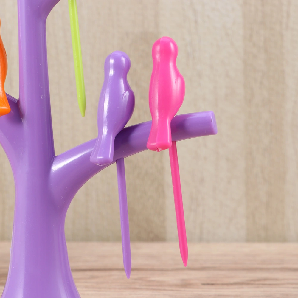 6PCS Bird Shaped Plastic Fruit Forks and 1PC Tree Shaped Holder Toothpick Fruit Tool for Party Home Decor (Purple)