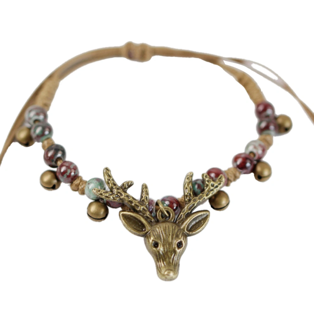 Adjustable Vintage Bohemian Deer Antler Pendant Bracelet Handmade Ceramic Porcelain Beads Wristband for Women Girls