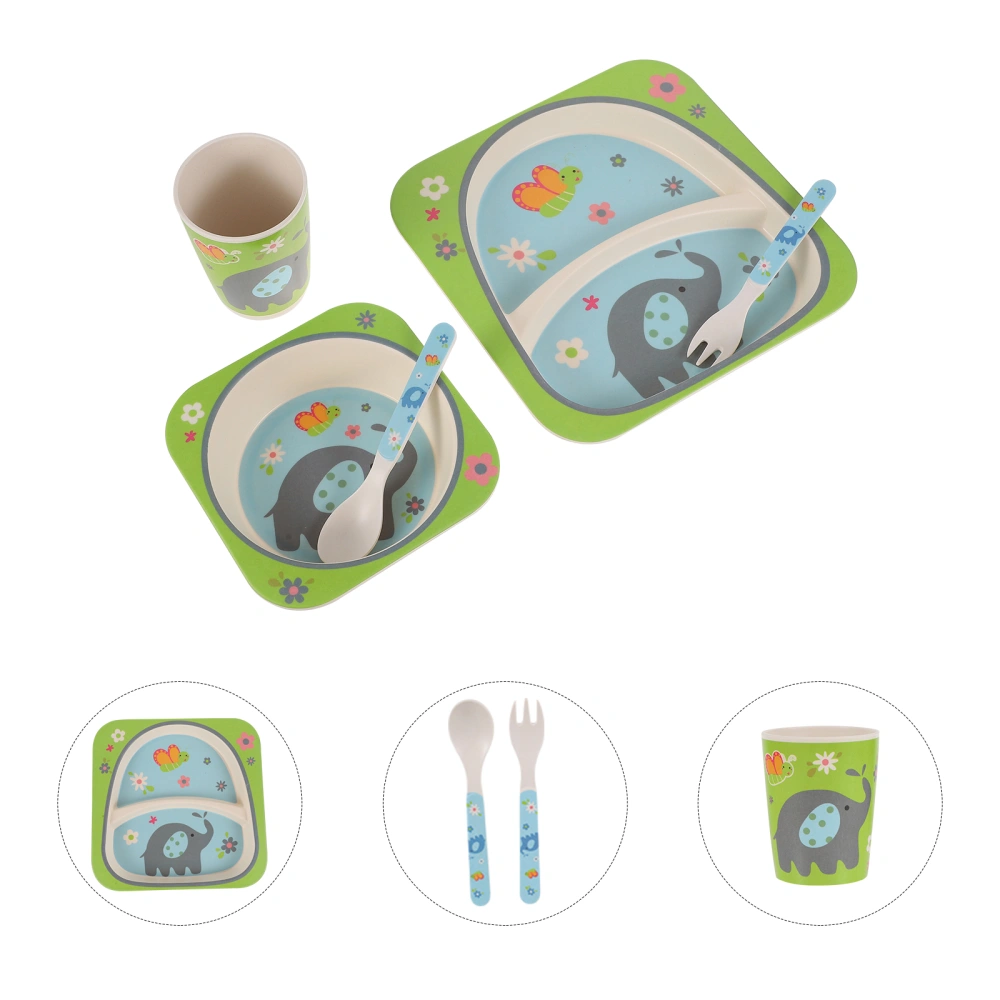 5Pcs Toddler Dining Set Bamboo Plate Bowl Cup Fork and Spoon Kit for Kids