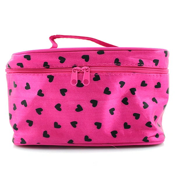 Handheld Hearts Pattern Dual Zipper Cosmetic Bag Makeup Pouch Case Toiletry bag Handbag Organizer (Rosy)