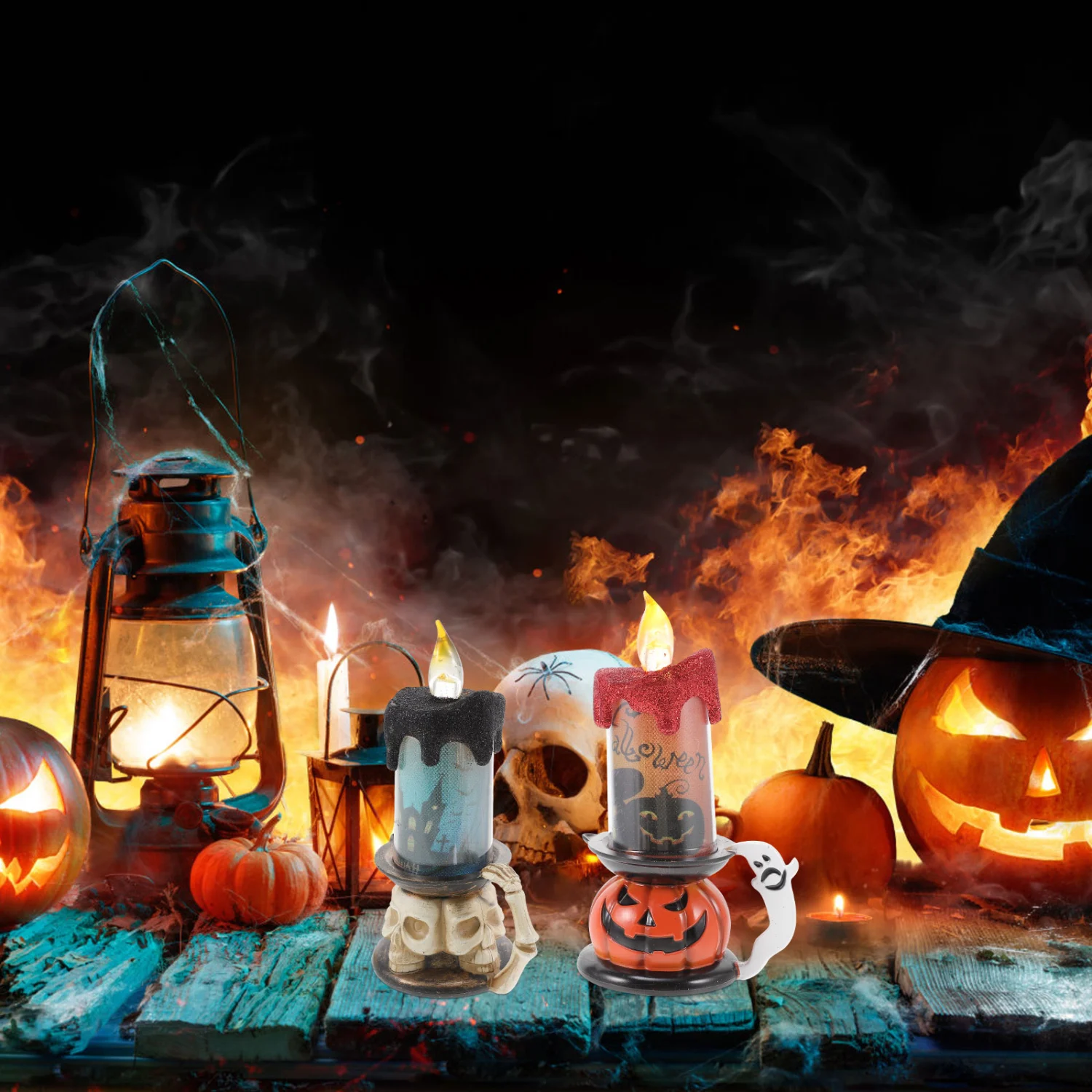 2pcs Halloween Skull Pumpkin Candle Light Halloween Tealight Candle Decoration