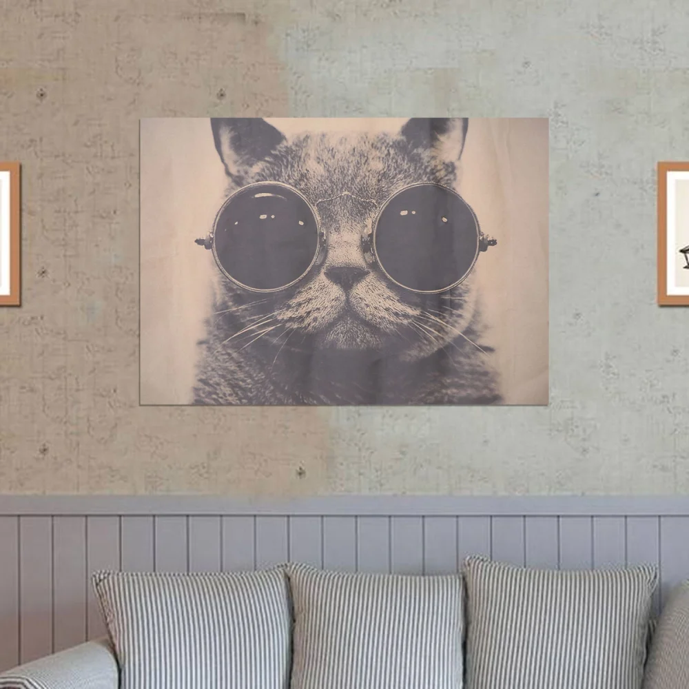 Retro Kraft Paper Poster Cat with Glasses Decorative Wall Sticker for Living Room Bedroom Decoration (51.5x36cm)