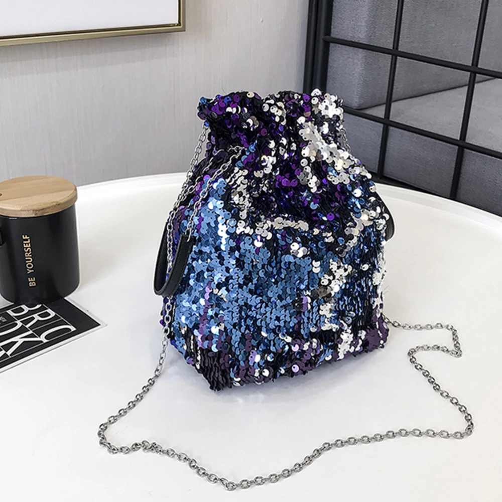 Fashion Sequined Bucket Bag Drawstring Bucket Bag Tote Bag with Chain Women Messenger Bag Single Shoulder Crossbody Bag for Women Girls Blue