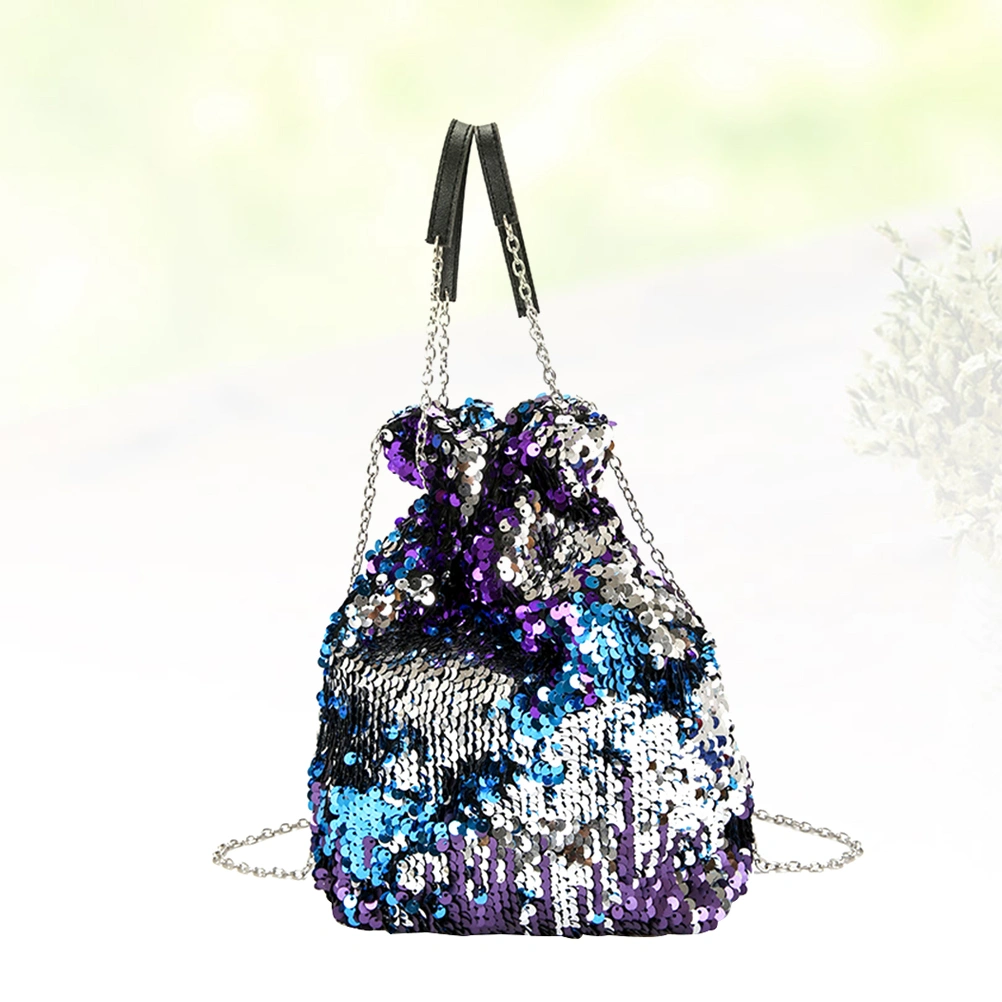 Fashion Sequined Bucket Bag Drawstring Bucket Bag Tote Bag with Chain Women Messenger Bag Single Shoulder Crossbody Bag for Women Girls Blue