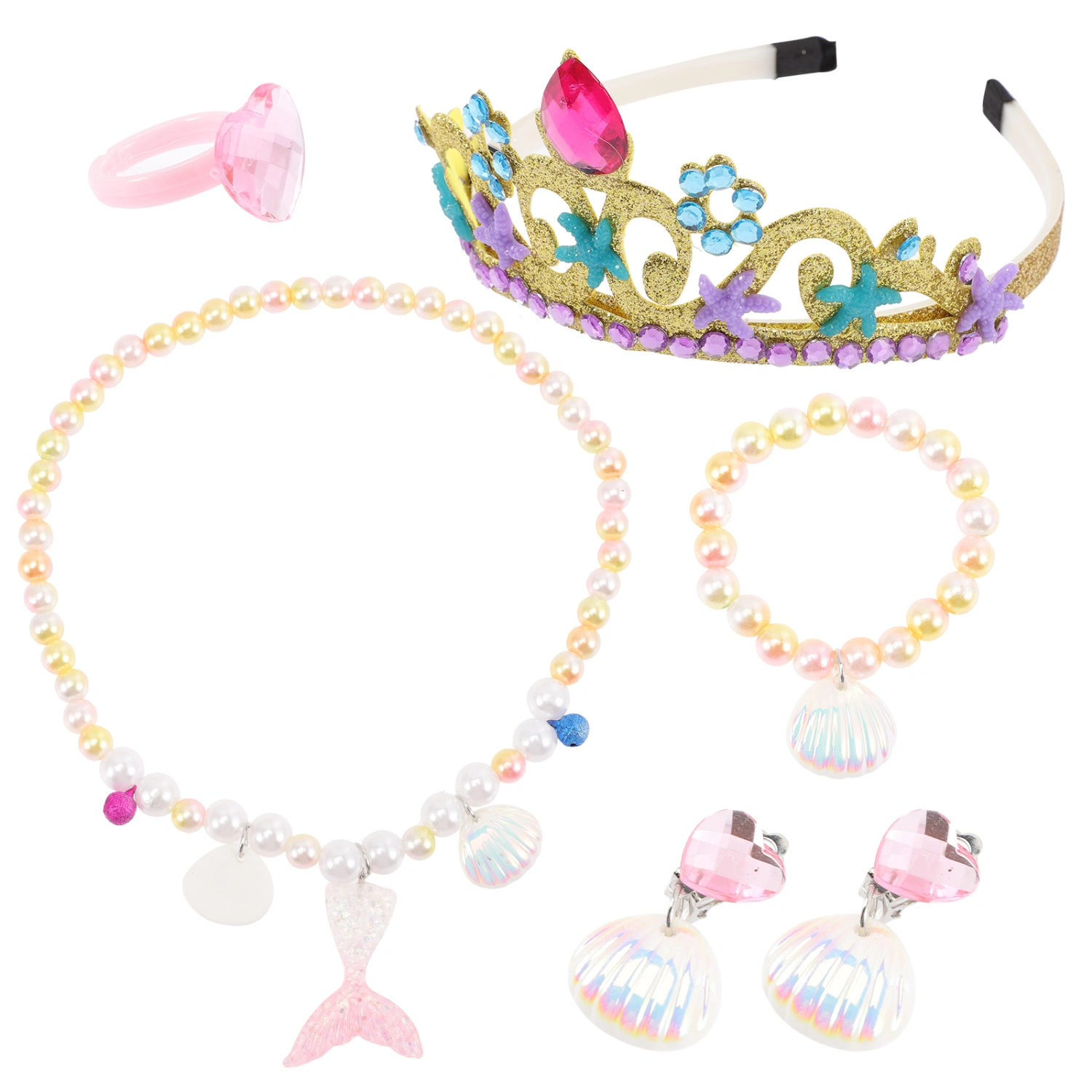 1 Set Mermaid Jewelry Kit Crown Pearl Necklace Bracelet Ear Clip Ring for Kids