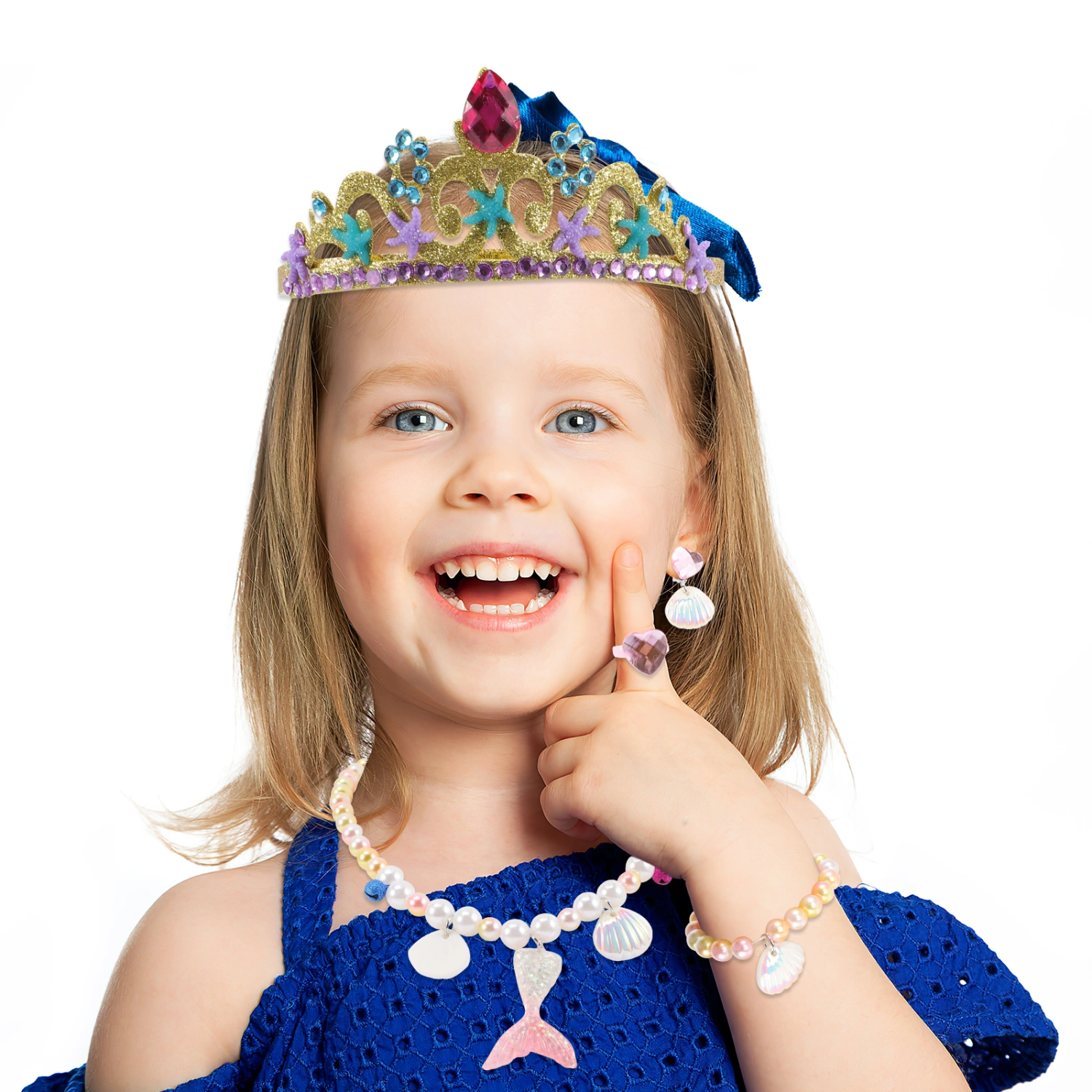 1 Set Mermaid Jewelry Kit Crown Pearl Necklace Bracelet Ear Clip Ring for Kids