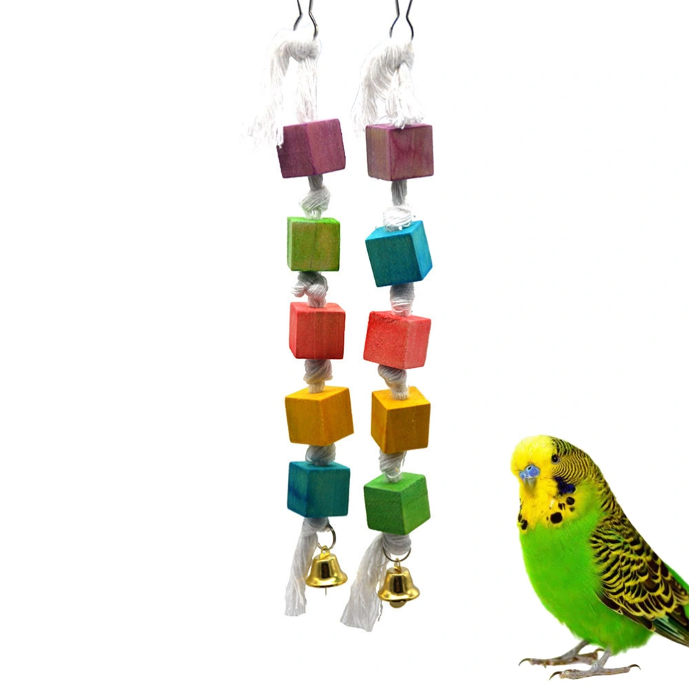 2pcs Hanging Bite Wood Block Toy Funny Square Wood Playing Toy Parrot Educational Bell Toy